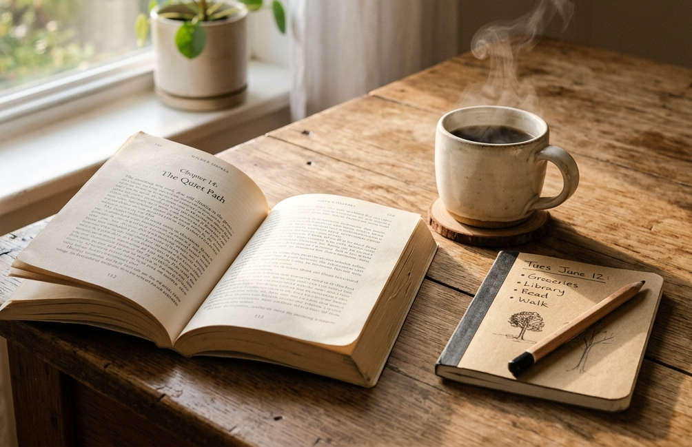 Libro abierto sobre una mesa de cocina junto a una taza humeante y una libreta pequeña.