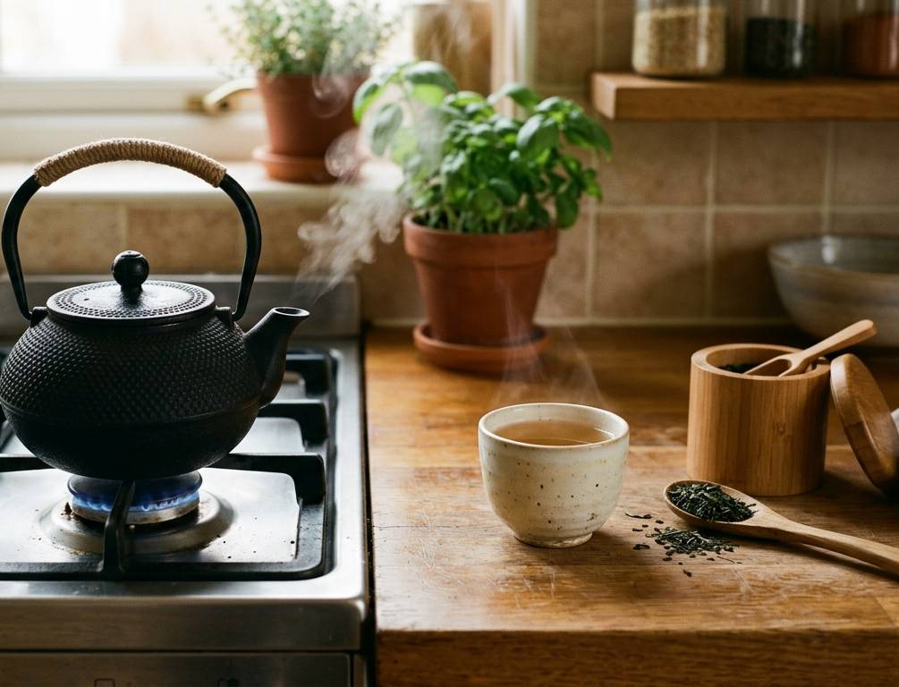 Tetera de hierro sobre una cocina de gas con vapor suave y una taza de cerámica al lado.
